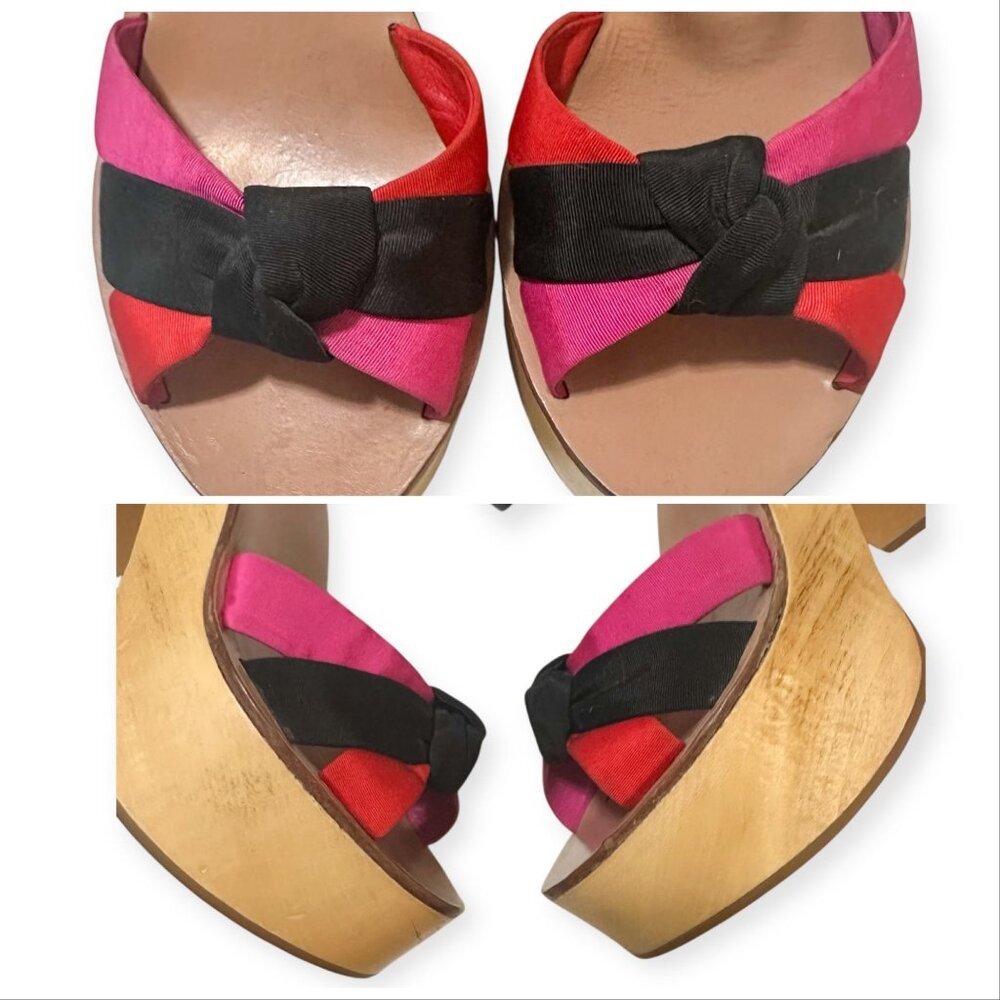 Loeffler Randall Elsa Platform Sandals Wood Clog Multi Silk Knot Heel Size 6 - Picture 12 of 16